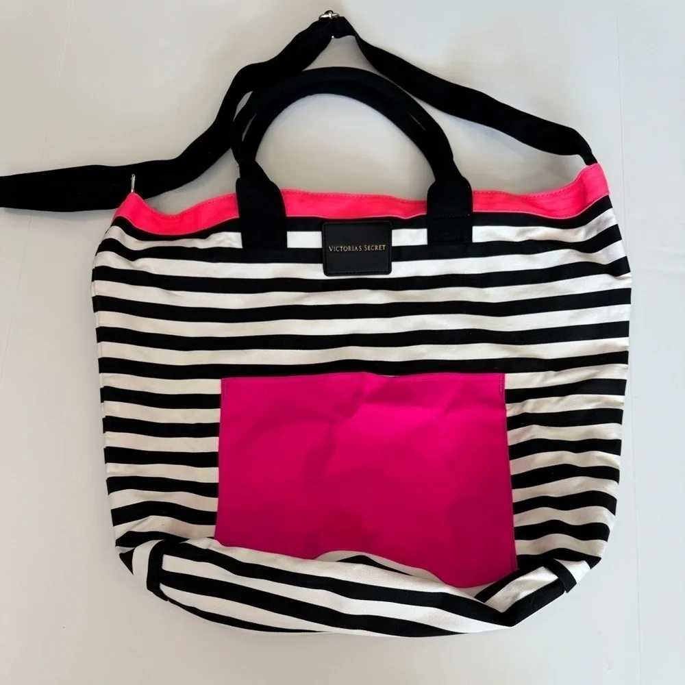 VICTORIA'S SECRET Striped Tote Bag Black White Pink Limited edition